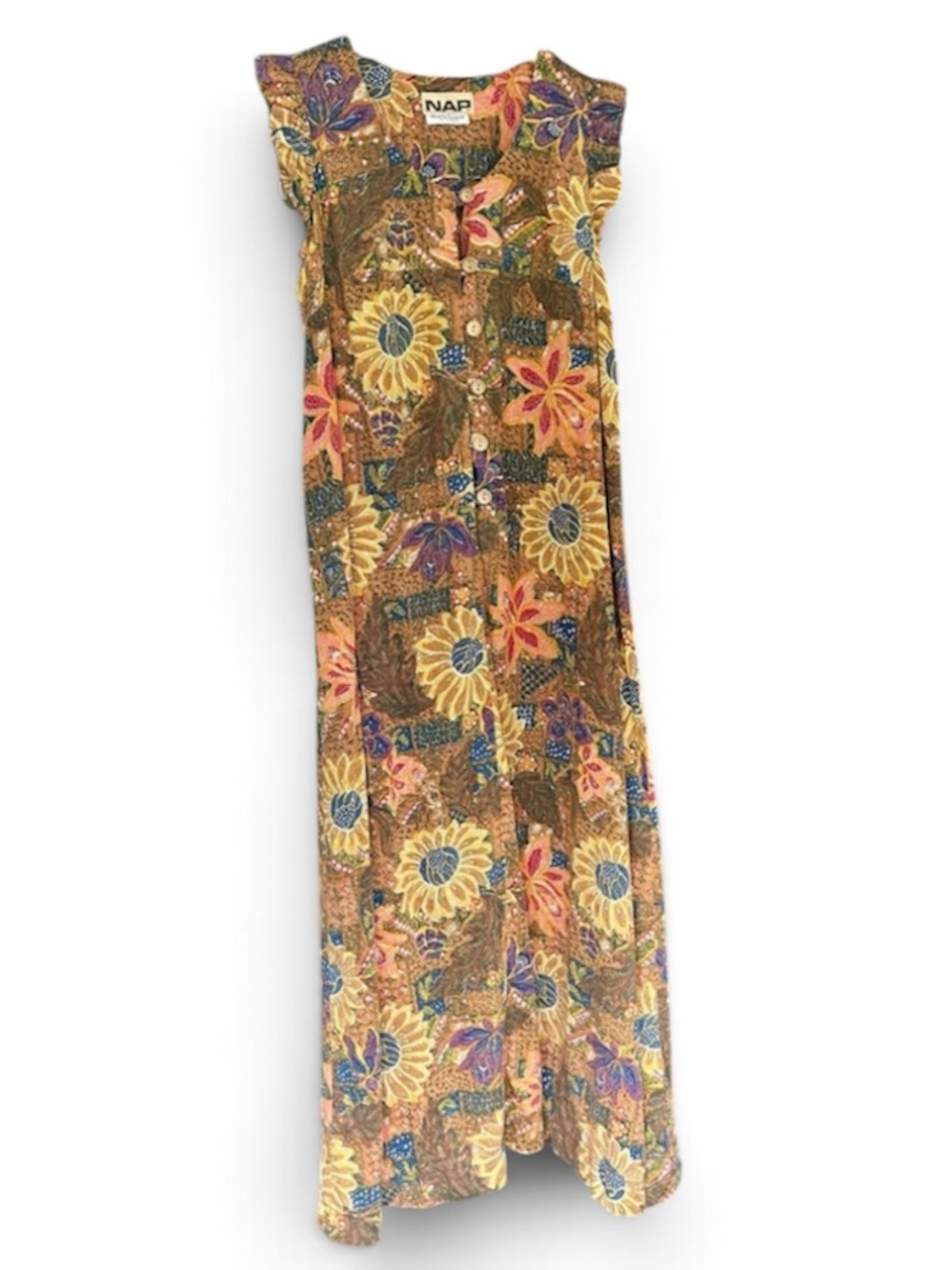 Vintage 80s Liberty House Hawaii Sunflower Batik Cotton Midi Maxi Dress S M